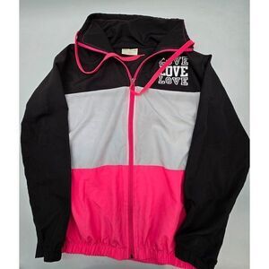 Bobbie Brooks Ladies Windbreaker Jacket Love Print Black/White/Pink Zip-Up Hoodi